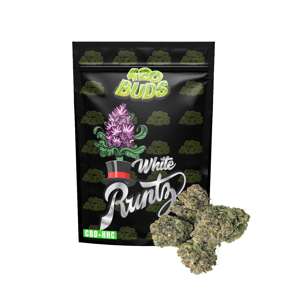White Runtz HHC flower with frosty buds and sweet dessert-like appearance
